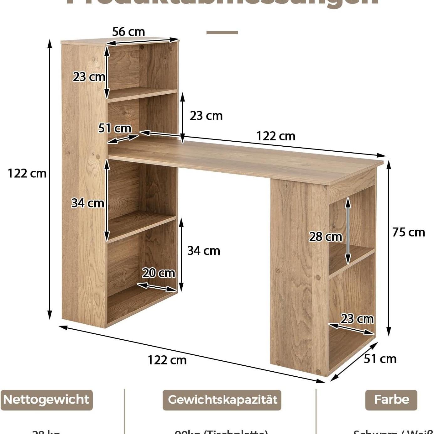 Bureau – Computertafel – Werkplek – Schrijftafel – Computerbureau – Met 6 Opbergvakken – Zijplank Links of Rechts – 122x56x122 cm – MDF & Spaanplaat