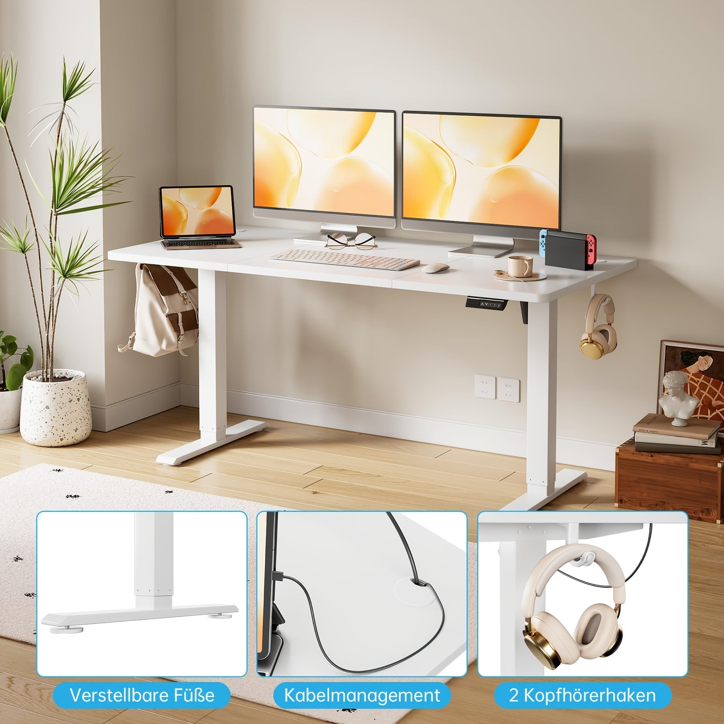 Adjustable Height Desk | Stable, Ergonomic Sit-and-Stand Desk with Manual Control, 120 x 60 cm, White, Freestanding, Plastic and Metal Construction, Contemporary Style - Litake