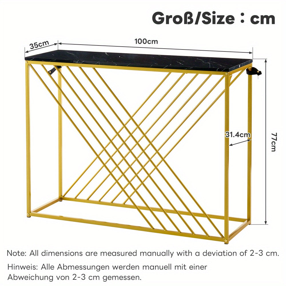 Sidetable – Entreetafel – Haltafel – Wandtafel – Bijzettafel – Zwart MDF Tafelblad – Gouden Metalen Onderstel – 100x35x77 cm – Stijlvol & Praktisch