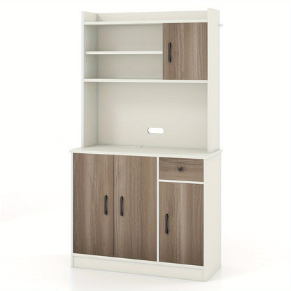 Four-Door Kitchen Buffet Storage Cabinet with Hutch, Freestanding Kitchen Pantry with Drawer, Large Open Space, Adjustable Shelves, Kitchen Pantry Cabinet, Pantry Cabinet for Kitchen, Kitchen Sideboard Cabinet, Pantry Cupboar