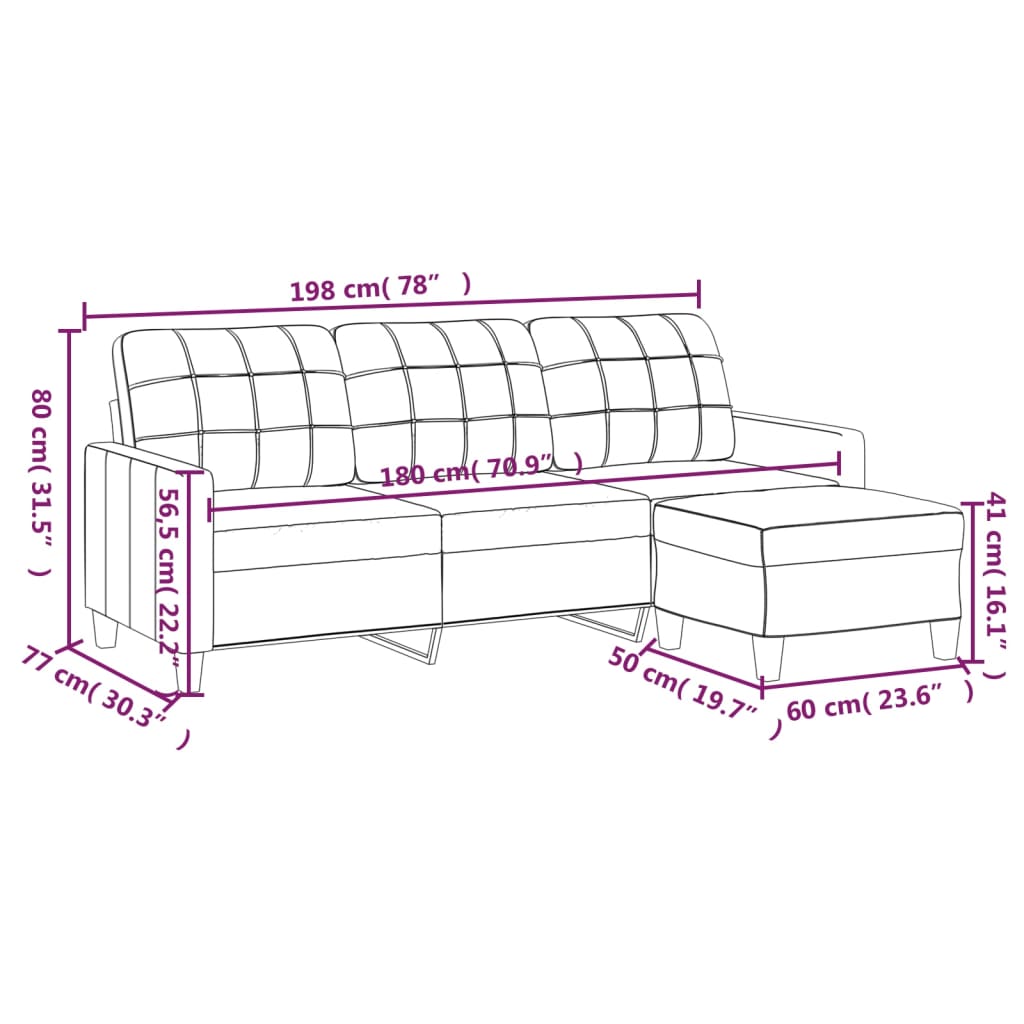 3-zitsbank – 3-zits sofa – Driezitsbank – Bank met voetenbankje – Bankstel – Comfortabele polyester bekleding – Stevig metalen frame – Cappuccino