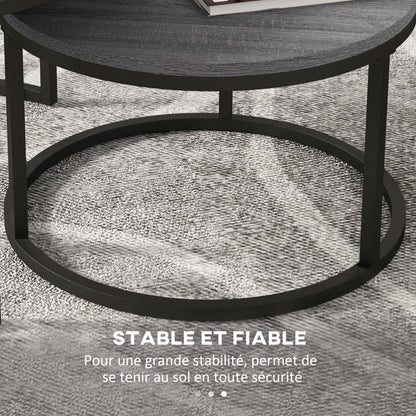 Set Van 2 Bijzettafels – Ronde Salontafel – Nestbare Tafels – Zwarte Tafel – Industrieel Design – Metaal Frame – Compact En Stevig