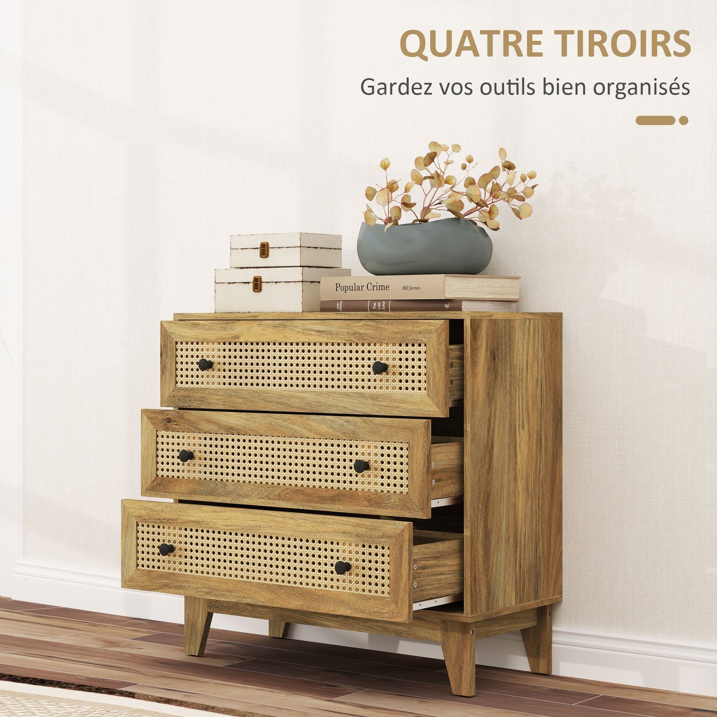 Ladekast – Ladenkast – Dressoir – Opbergkast – Kastje – Hout met Rotan Fronten – 80x35x76 cm – Ruime Opbergruimte