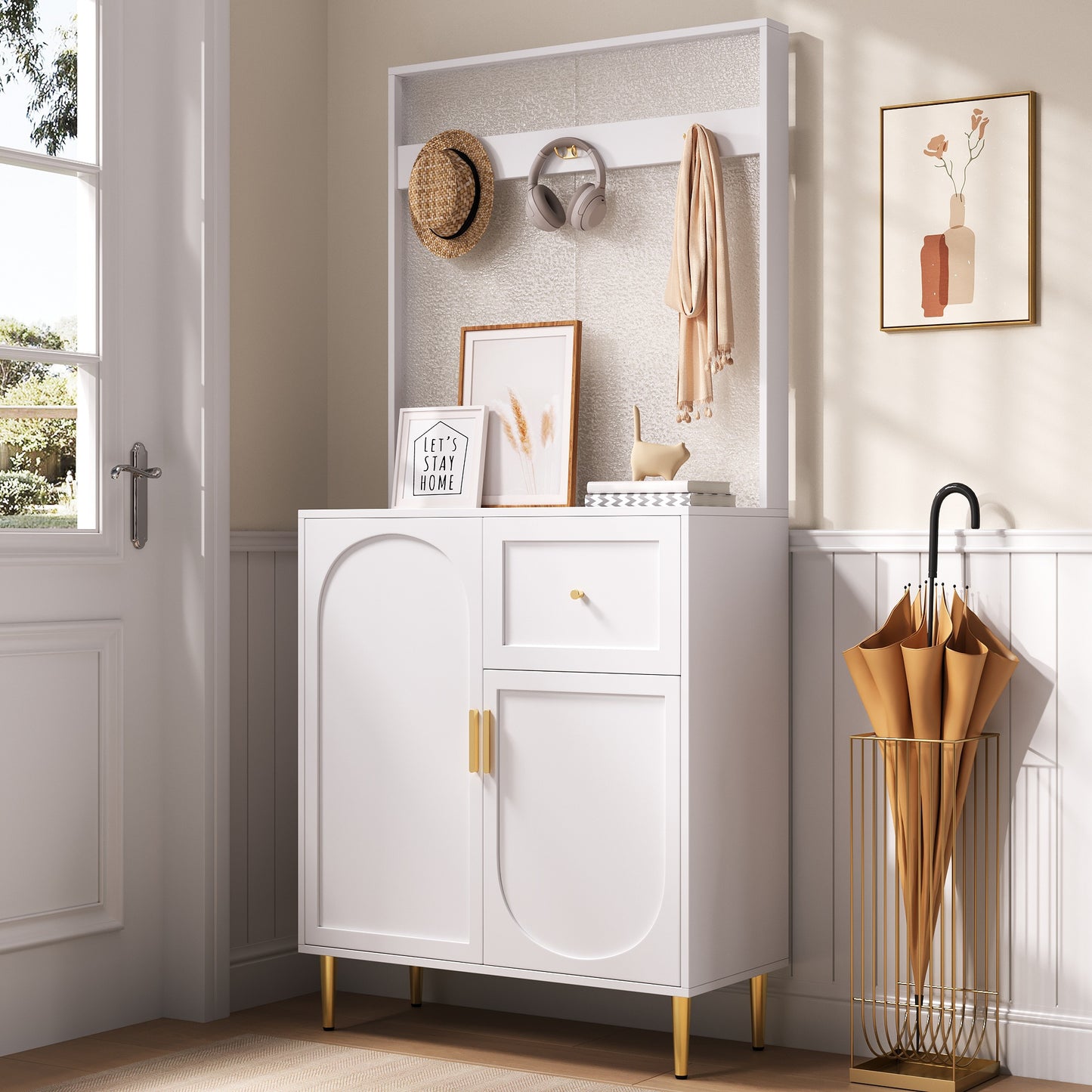 BTM Compact Wardrobe Hall Cabinet in White with Adjustable Shelves, Soft-Close Hinges, Hook Rail, Arched Doors, and Gold Metal Legs, Modern Hall Furniture 80×175.5×35 cm
