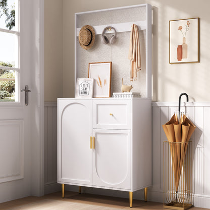 BTM Compact Wardrobe Hall Cabinet in White with Adjustable Shelves, Soft-Close Hinges, Hook Rail, Arched Doors, and Gold Metal Legs, Modern Hall Furniture 80×175.5×35 cm
