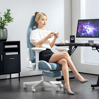 Gamingstoel – Gamestoel – Gaming Chair – Game Stoel – Bureaustoel – Ergonomisch – Verstelbaar – Kunstleer – Met Voetsteun – 150° Kantelbaar – Blauw – 360° Draaibaar – Armleuningen Verstelbaar