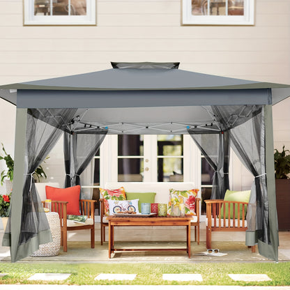 Pop-up Partytent – Paviljoen – Tuinkopje – Zonnescherm – Outdoor Tent – Automatisch Opvouwbaar – Geïntegreerd Muskietennet – Donkerbruin – 3,6x3,6 Meter – Waterafstotend Oxford Doek