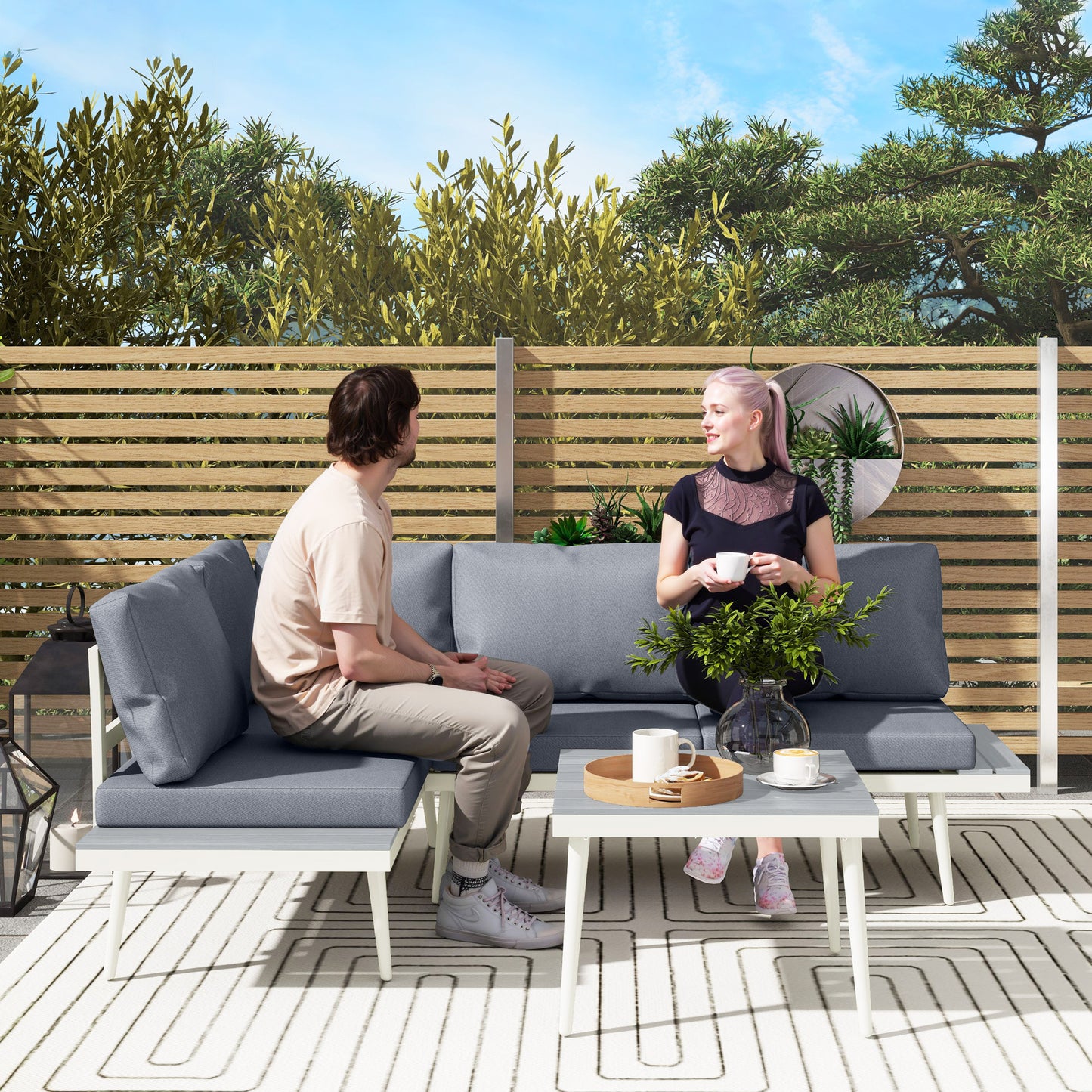 Loungeset Tuin – Tuinmeubelset – Balkonmeubels – Loungemeubelen – Tuintafel Set – 3-delig Modular – Verstelbare Zitplaatsen – Robuuste Stalen Frame – Houtlook Tafelblad – Afneembare Wasbare Kussens – Ademend Textiel