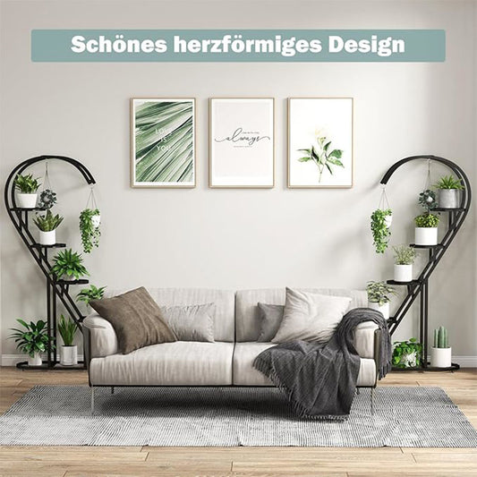 5-laags plantenstandaard – plantenrek – plantenhouder – plantentafel – plantenplank – zwart metaal – hartvormige planken – 4 ophanghaken
