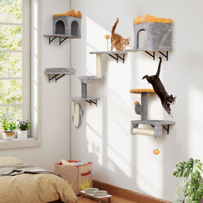 Kattenklimwand – Kattenplank – Klimmeubel – Kattenhuisje – Krabpaal – Verticale Speelwand – Sisal Krabpaal – 2 Condos Met Zachte Ligplekken – Stevig Houten Frame – Grijs Oranje