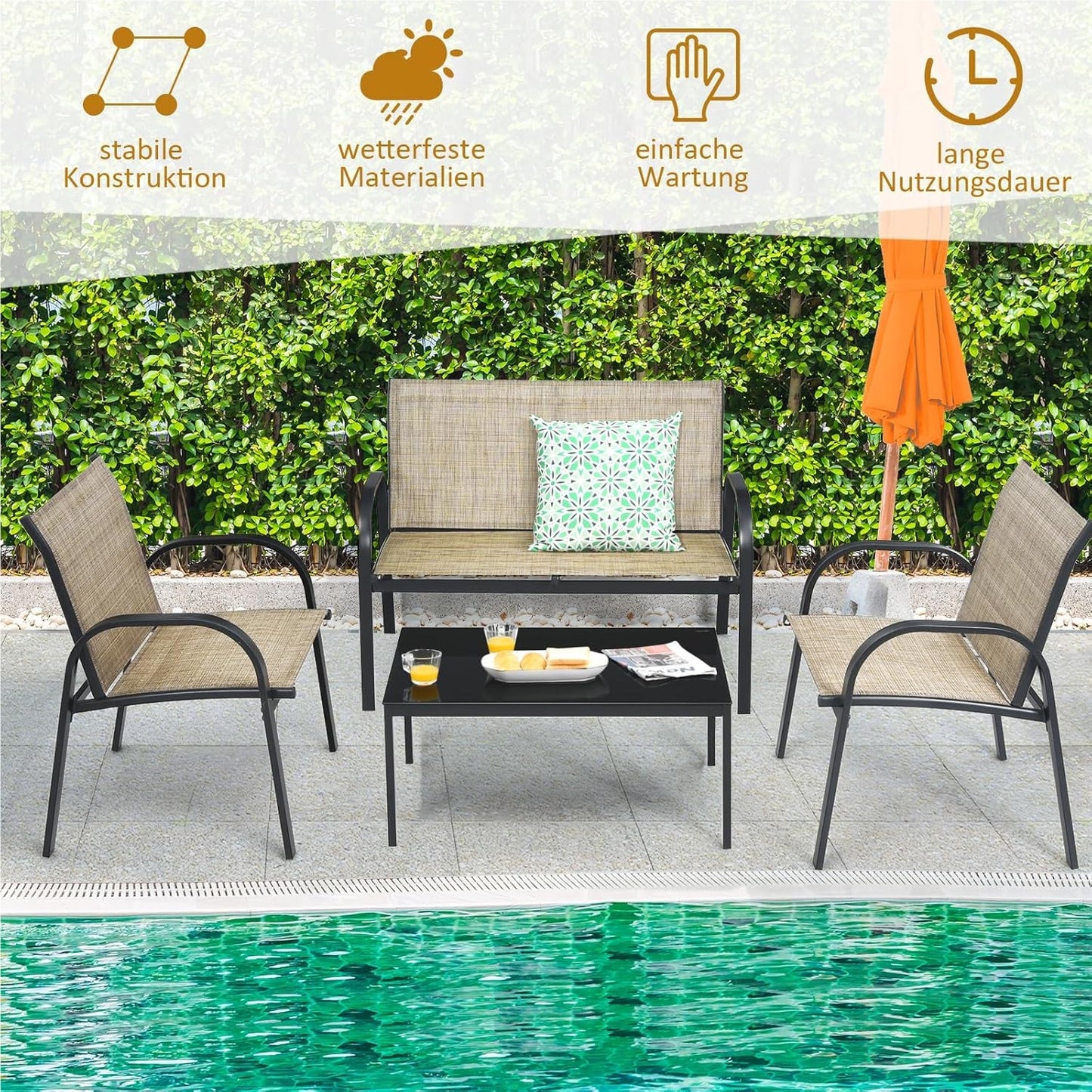 Tuinmeubelset 4-Delig – Tuinset – Loungeset – Balkonmeubilair – Terrasmeubilair – Weerbestendig Metaal – Met Glas – Bruin