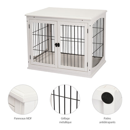 Hondenkennel – Hondenkooi – Hondenhok – Hondenbench – Huisdierkooi – Wit Zwart MDF – 3 Slotbare Deuren – Ruim 81x58x66 cm – Max 30 kg