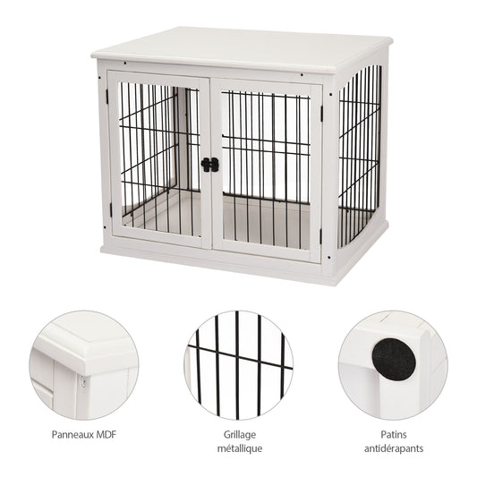 Hondenkennel – Hondenkooi – Hondenhok – Hondenbench – Huisdierkooi – Wit Zwart MDF – 3 Slotbare Deuren – Ruim 81x58x66 cm – Max 30 kg