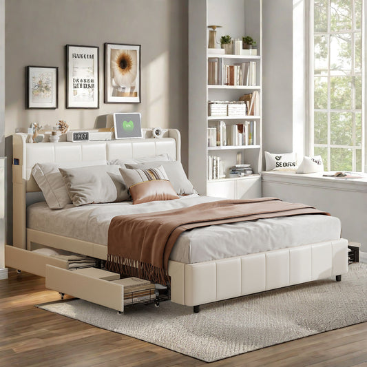 Tweepersoonsbed – Bed Met Opbergruimte – Opbergbed – Led Bed – Slaapkamerbed – 160x200 cm – PU Leder – Met USB Oplaadpunten
