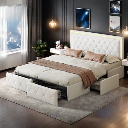 Double Bed with Storage, LED Lighting, 4 Drawers, USB Charging, Quick Assembly, PU Metal Frame, Classic Design, Suitable for Adult Bedrooms