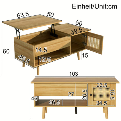 Modern Space-Saving Wooden Coffee Table with Adjustable Tabletop & Rattan Door Storage - Black Accent Legs, Engineered Wood & Hardwood Frame, Easy Assembly Living Room Furniture, Coffee Table for Living Room