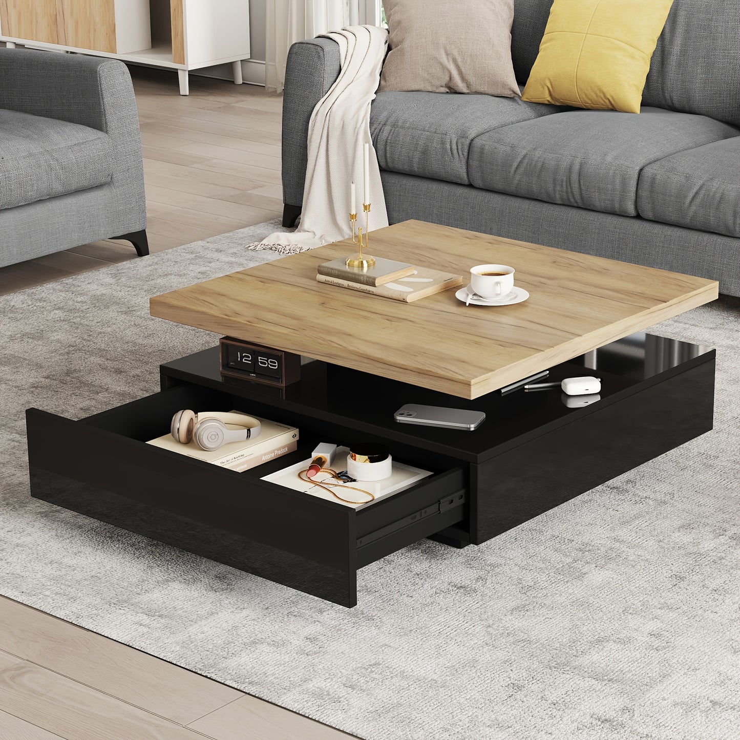 Draaibare Salontafel – Vierkante Tafel – Bijzettafel – Opbergtafel – Bamboe Tafel – 360° Draaibaar – Dubbelzijdige Opbergruimte – Zwart Hoogglans