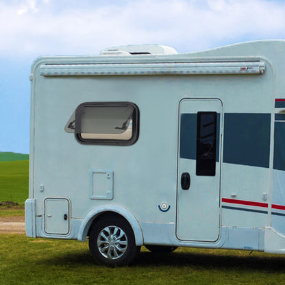 Caravanraam – Camperraam – Schuifraam – Uitzetraam – Zijraam – Aluminium Frame – Zwart Gehard Glas – 500x300mm – Inclusief Hor en Zonwering