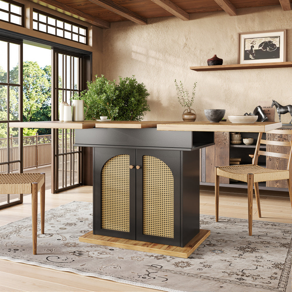 Telescopic Dining Table (110-140×80cm), Foldable Kitchen & Living Room Extendible Space-Saving 4-6 Seater with PE Rattan Cabinet Doors, Small Round Dining Table, Table for Dining Room, Spacesaving Furniture, Contemporary Des