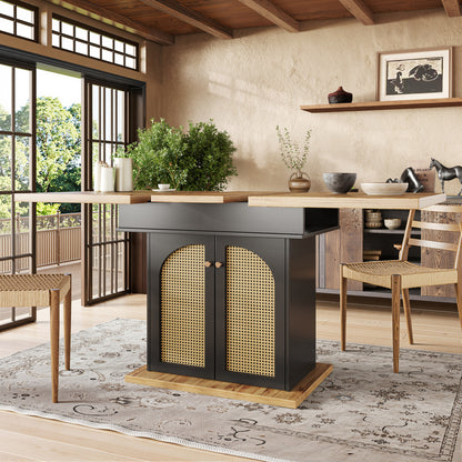Telescopic Dining Table (110-140×80cm), Foldable Kitchen & Living Room Extendible Space-Saving 4-6 Seater with PE Rattan Cabinet Doors, Small Round Dining Table, Table for Dining Room, Spacesaving Furniture, Contemporary Des