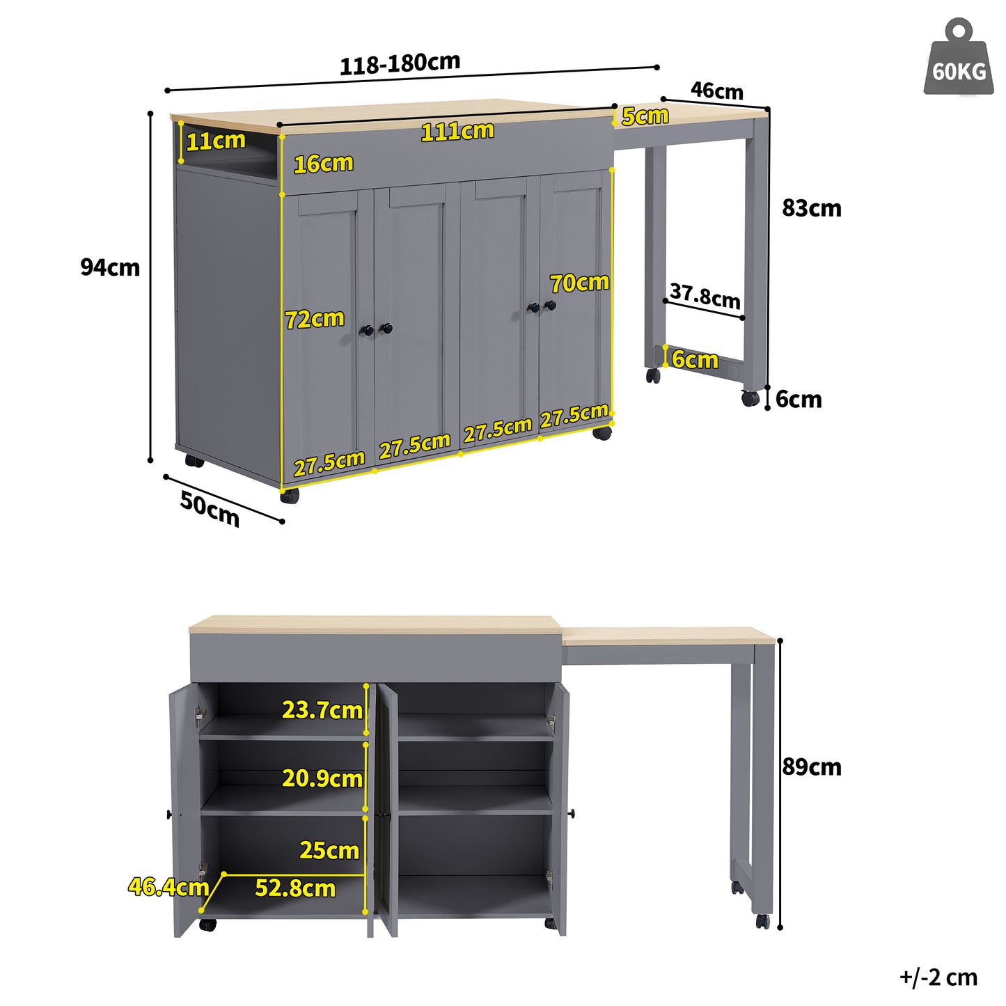 Uitschuifbare Bartafel – Bar Tafel – Eettafel – Keukentafel – Sta Tafel – Met 6 Opbergvakken – Houten Look Tafelblad – 118-180x50x94 cm – Grijs