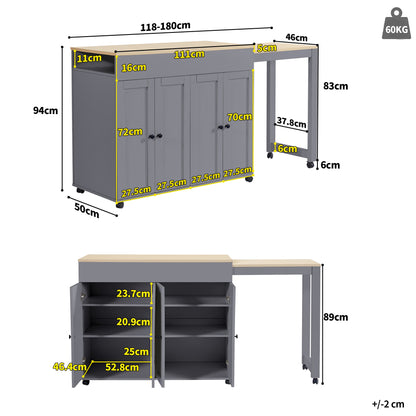 Uitschuifbare Bartafel – Bar Tafel – Eettafel – Keukentafel – Sta Tafel – Met 6 Opbergvakken – Houten Look Tafelblad – 118-180x50x94 cm – Grijs
