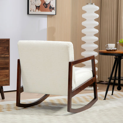 Schommelstoel – Relaxstoel – Fauteuil – Voedingsstoel – Loungestoel – Massief Heveahout Frame – Moderne Witte Wolstof – Antislip Voeten – Gemakkelijk Montage – 67x93x80 cm