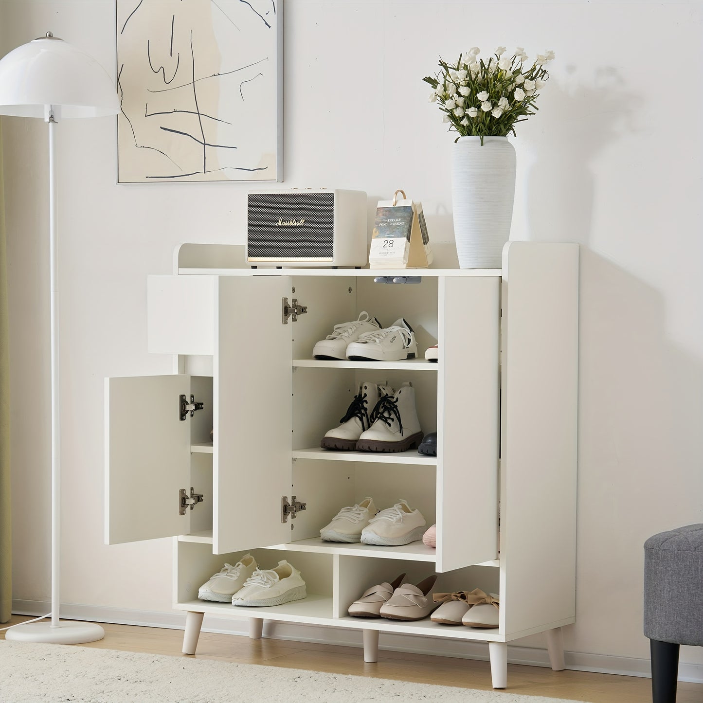 Dressoir – Ladekast – Opbergkast – Schoenenkast – Kast – Wit – Verstelbare Planken – Houten Poten – 90x99x35 cm