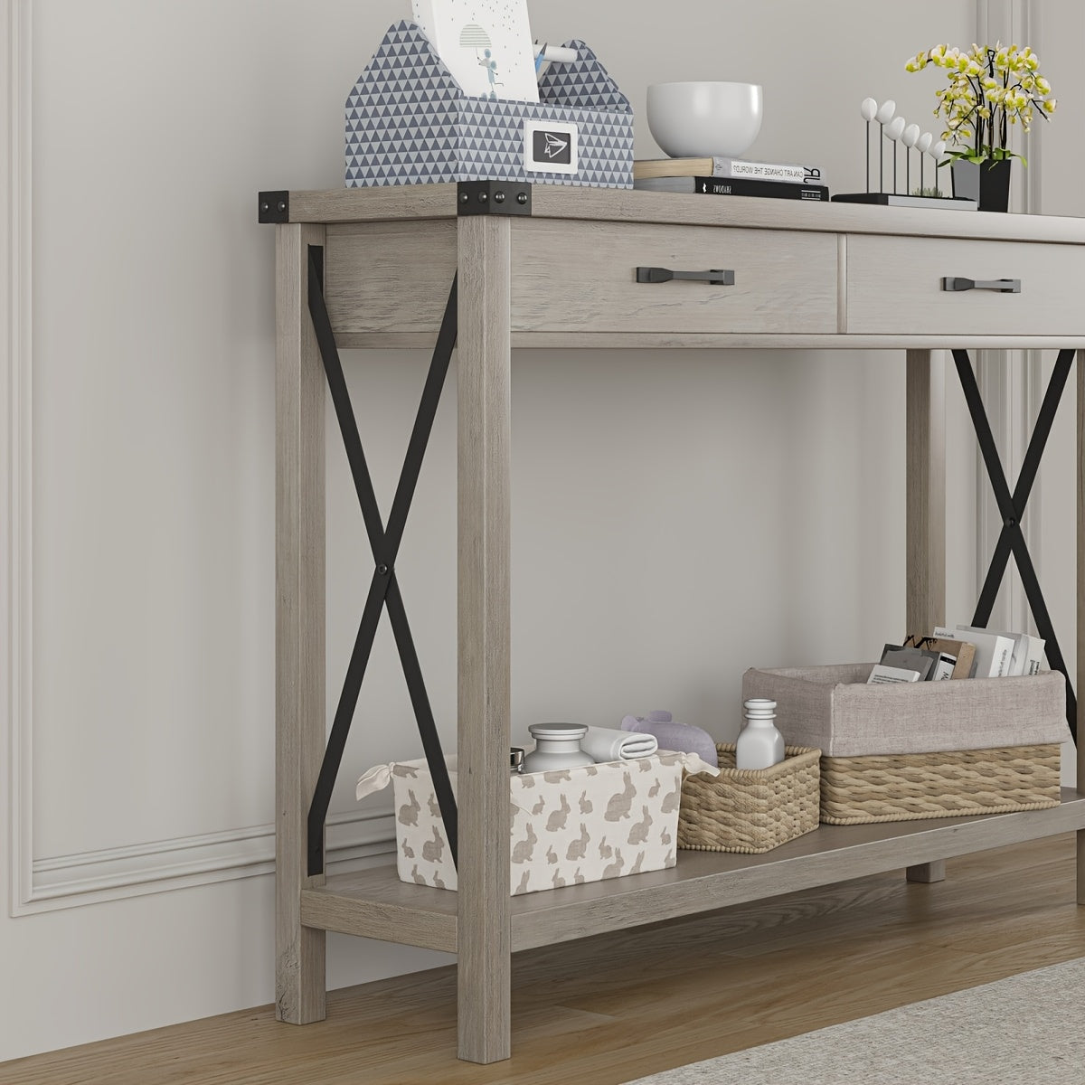 Farmhouse Console Table with 2 Drawers - Space-Saving Entryway Sofa Table, Sturdy MDF & Metal Construction, Modern Farmhouse Living Room, Hallway, Foyer Furniture - Easy Assembly, No Tools Needed, Compact Sofa Table for Small