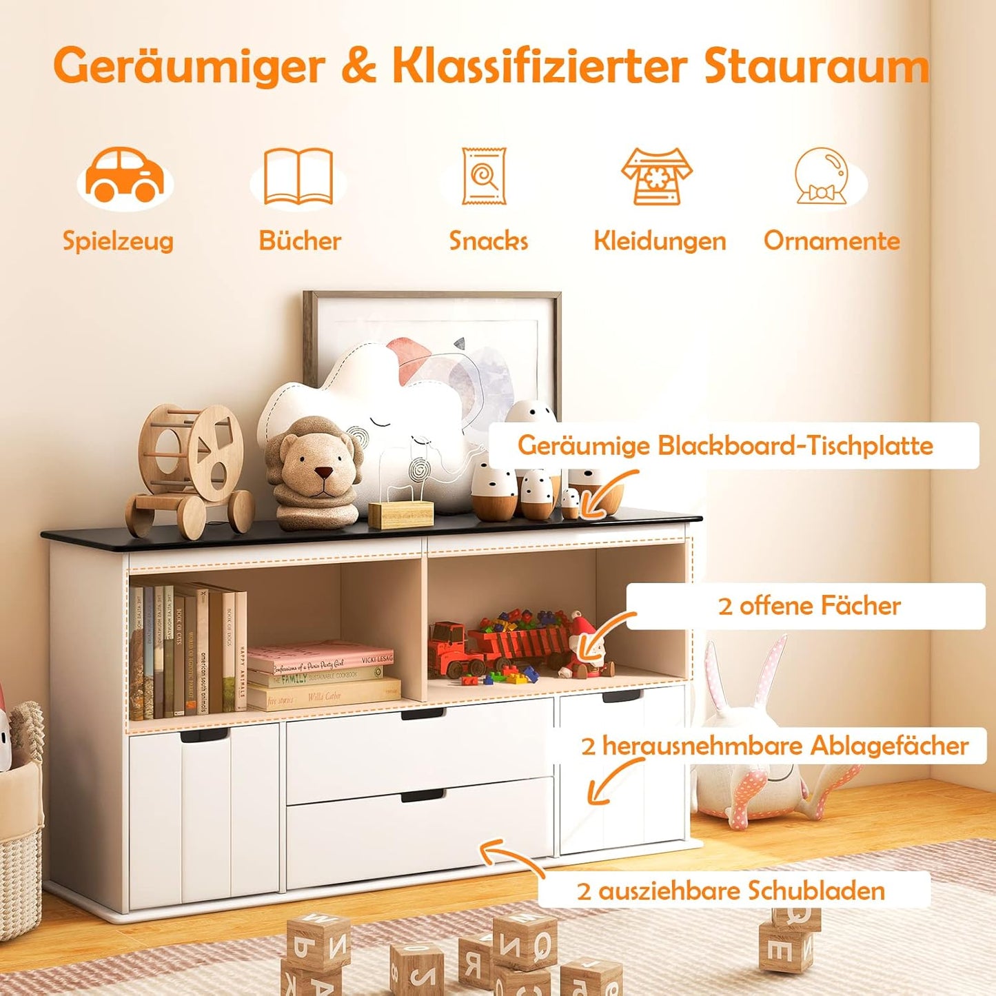 Speelgoedkast – Opbergkast – Kinderkast – Speelgoedopberger – Kinderboekenkast – MDF Hout – 4 Lades Met Wieltjes – 121 x 33 x 62 cm