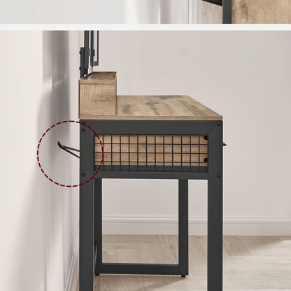 Kaptafel – Make-up Tafel – Cosmetische Tafel – Opmaaktafel – Visagie Tafel – Donker Hout & Zwarte Poten – 3 Laden en Driedelige Spiegel – Ingebouwde Haardrogerhouder – Met Krukje – Ruimtebesparend Design - QUORE