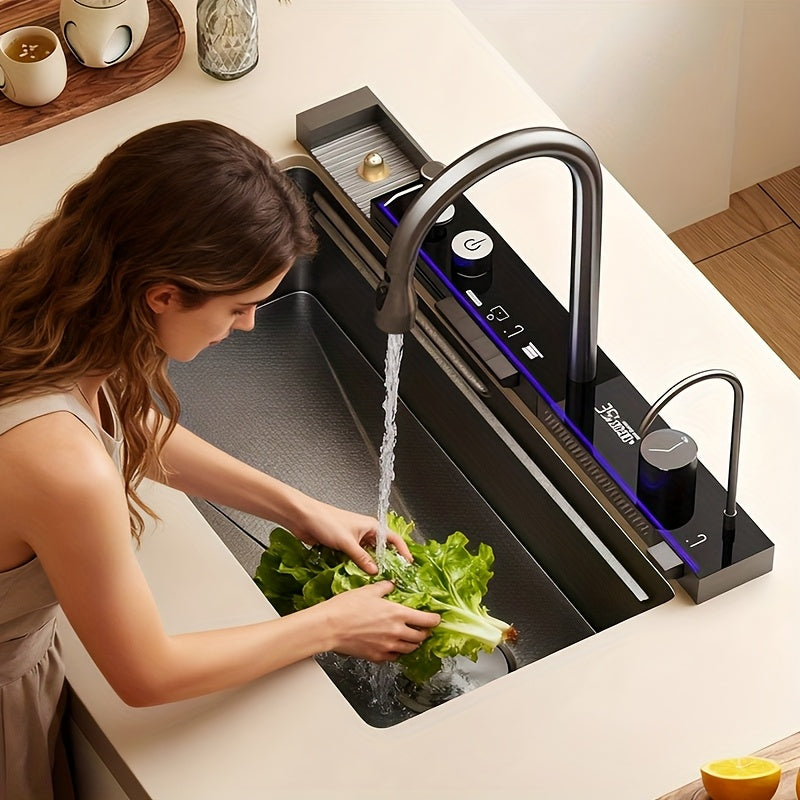 Keukenspoelbak – Spoelbak – Keukensink – RVS Spoelbak – Spoeltafel – 74,93x44,96 cm – Rechterafvoer – Waterval Kraan – Uitschuifbare Spuitkop