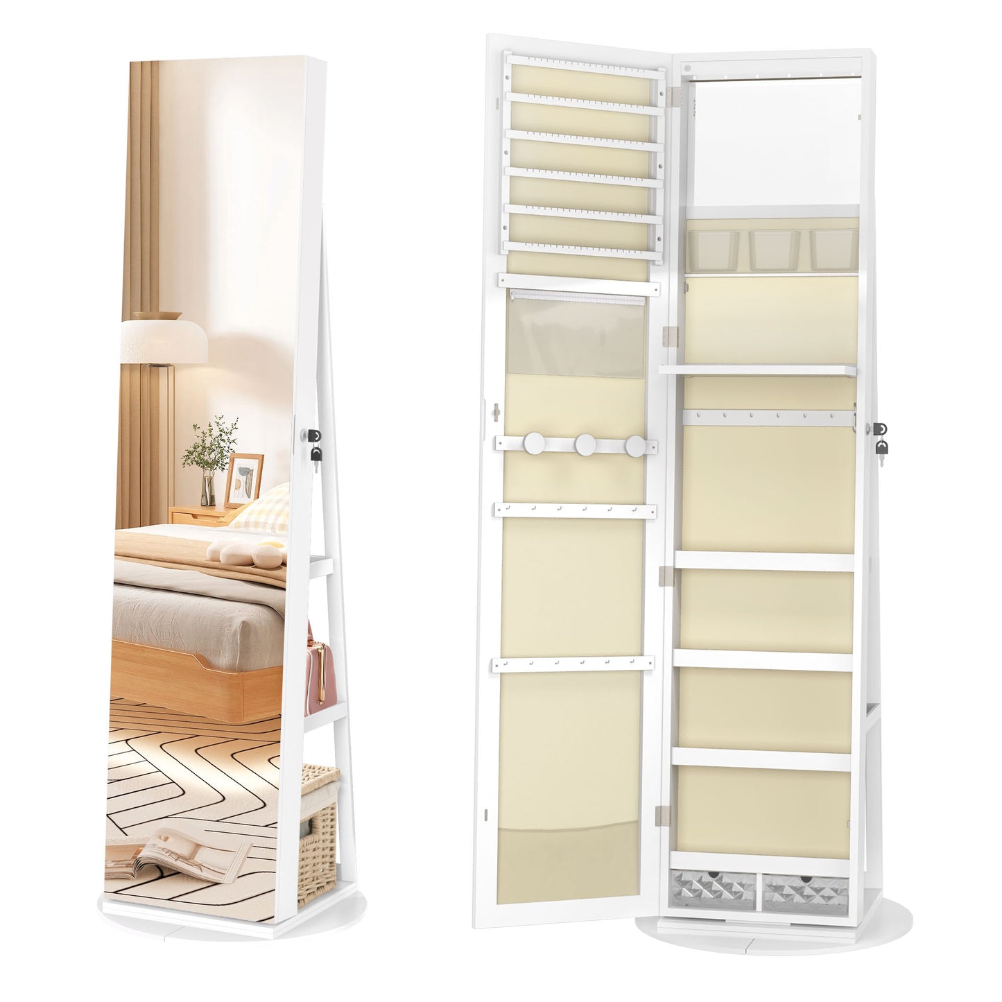 3-in-1 Sieradekast – Sieradenkast – Staande Spiegelkast – Draaibare Spiegel – Opbergrek Sieraden – 360° Draaibaar – Afsluitbaar Met Slot – Wit – 161 x 54,5 x 10 cm
