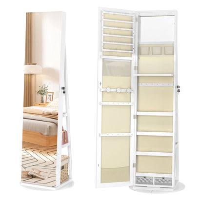3-in-1 Sieradekast – Sieradenkast – Staande Spiegelkast – Draaibare Spiegel – Opbergrek Sieraden – 360° Draaibaar – Afsluitbaar Met Slot – Wit – 161 x 54,5 x 10 cm