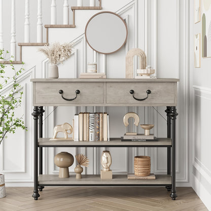 Sidetable – Wandtafel – Haltafel – Console Tafel – Bijzettafel – Smal Rustiek Grijs – Metaal Frame – 69 cm Hoogte