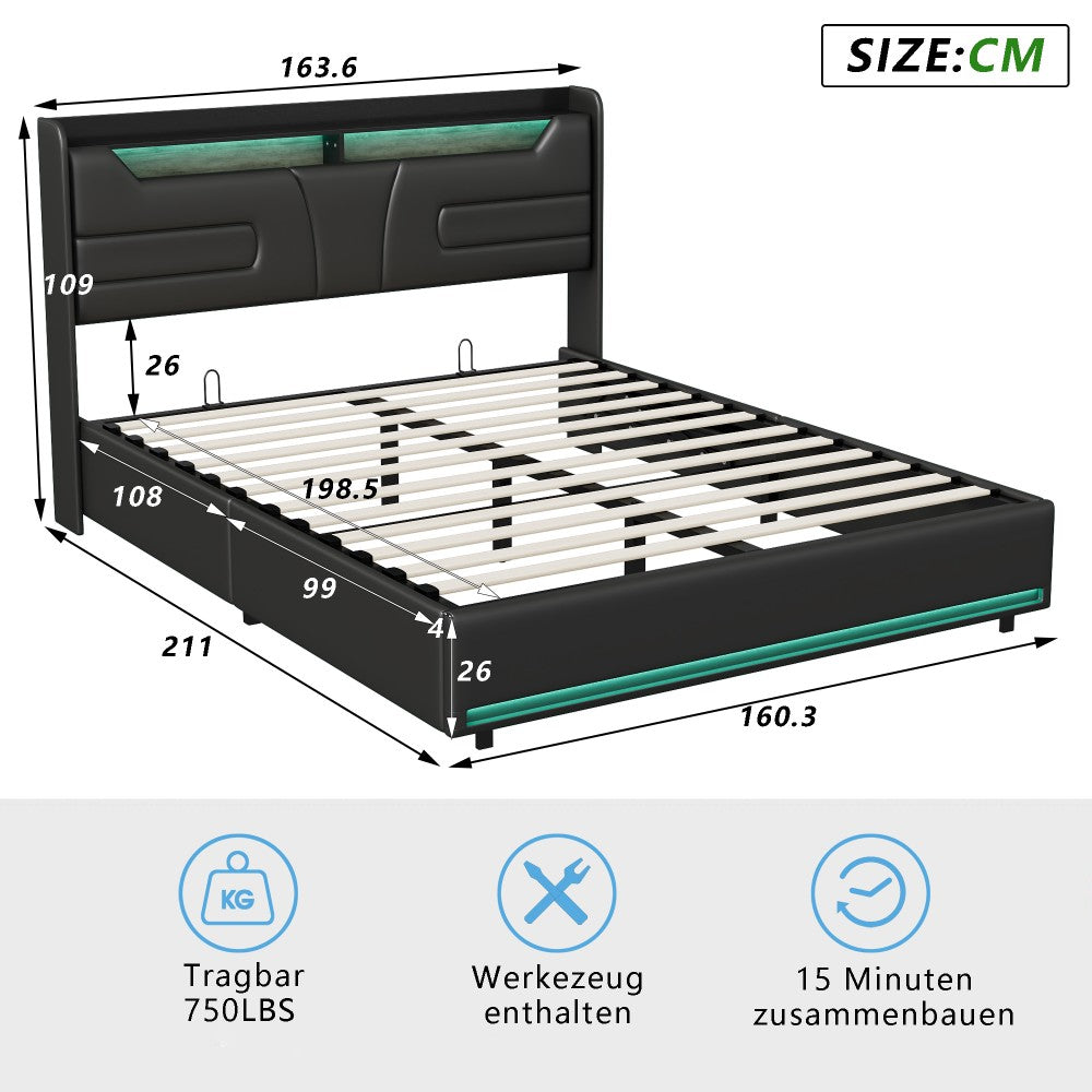 Tweepersoonsbed – Opbergbed – Bedframe – Stijlvol Bed – Gestoffeerd Bed – 160x200 cm – USB Type-C Oplaadpoort – LED Verlichting – 4 Ruime Lades