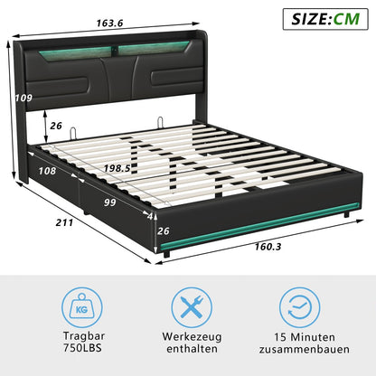 Tweepersoonsbed – Opbergbed – Bedframe – Stijlvol Bed – Gestoffeerd Bed – 160x200 cm – USB Type-C Oplaadpoort – LED Verlichting – 4 Ruime Lades