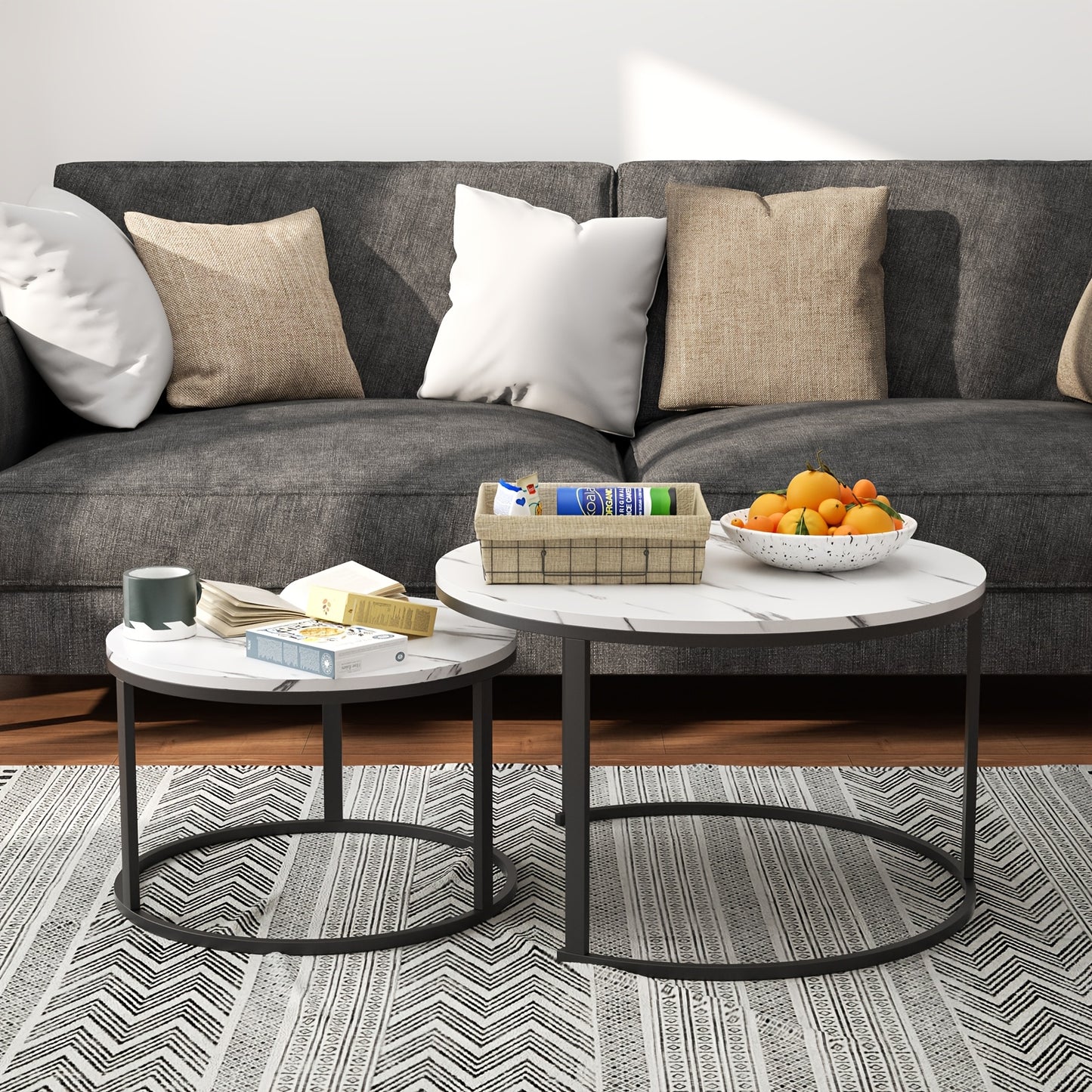 Salontafel – Bijzettafel – Woonkamertafel – Koffietafel – Nestbare Tafelset – Wit Marmerlook – Zwart Metalen Frame
