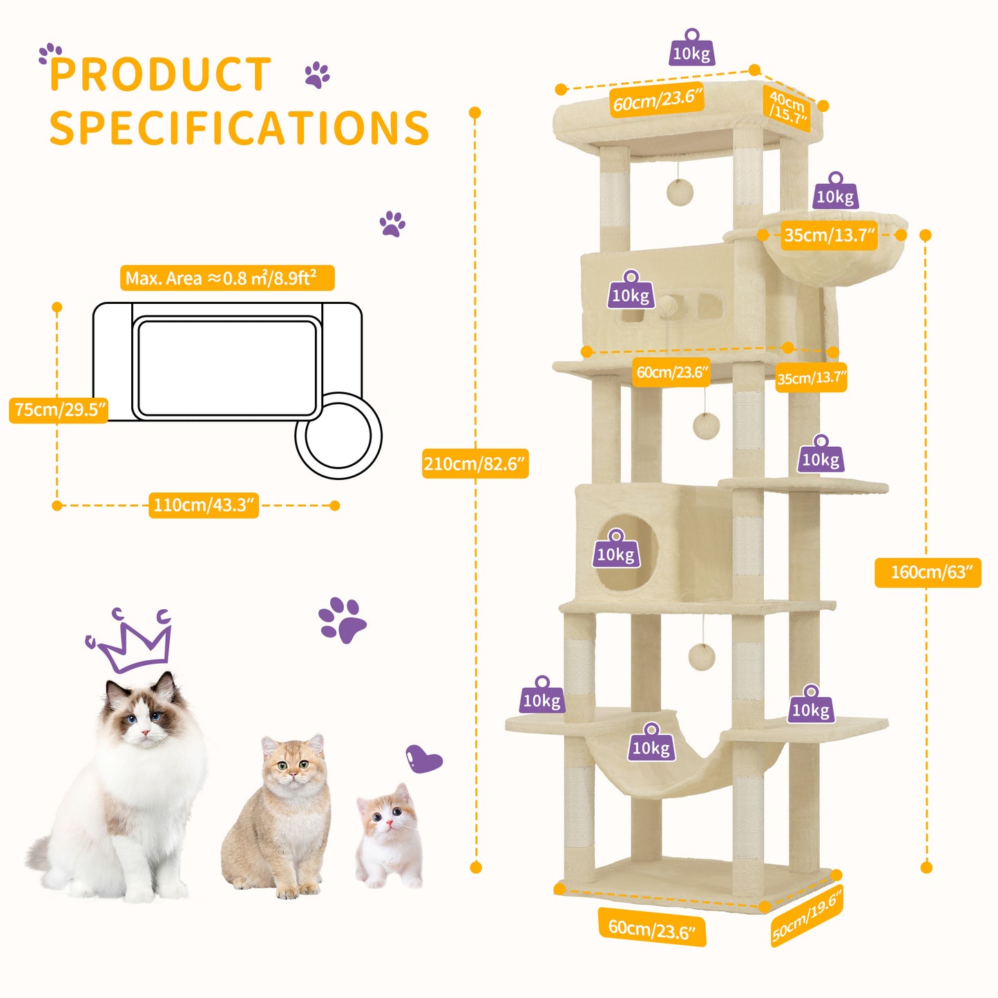 Krabpaal – Kattenkrabpaal – Kattenboom – Kattenhuis – Kattentoren – 210 cm Hoogte – Groot Platform 60x40 cm – Wasbare Mat – 8 Sisal Krabpalen – Geschikt Voor Grote Katten – Beige