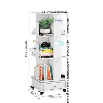 Draaibare Boekenkast – Boekenplank – Opbergkast – Rotatiekast – Witte Boekenkast – 3 Laags Met Lade – 360° Draaibare Planken – Lockbare Wieltjes