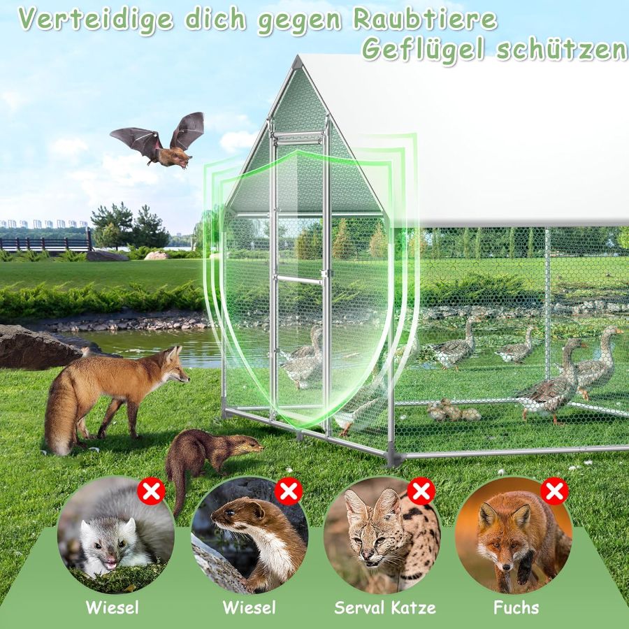 Kippenhok – Kippenren – Pluimveehok – Kippenkooi – Dierenverblijf – Gegalvaniseerd Stalen Frame – UV-bestendig PE Dak – 3 x 8 x 2 Meter