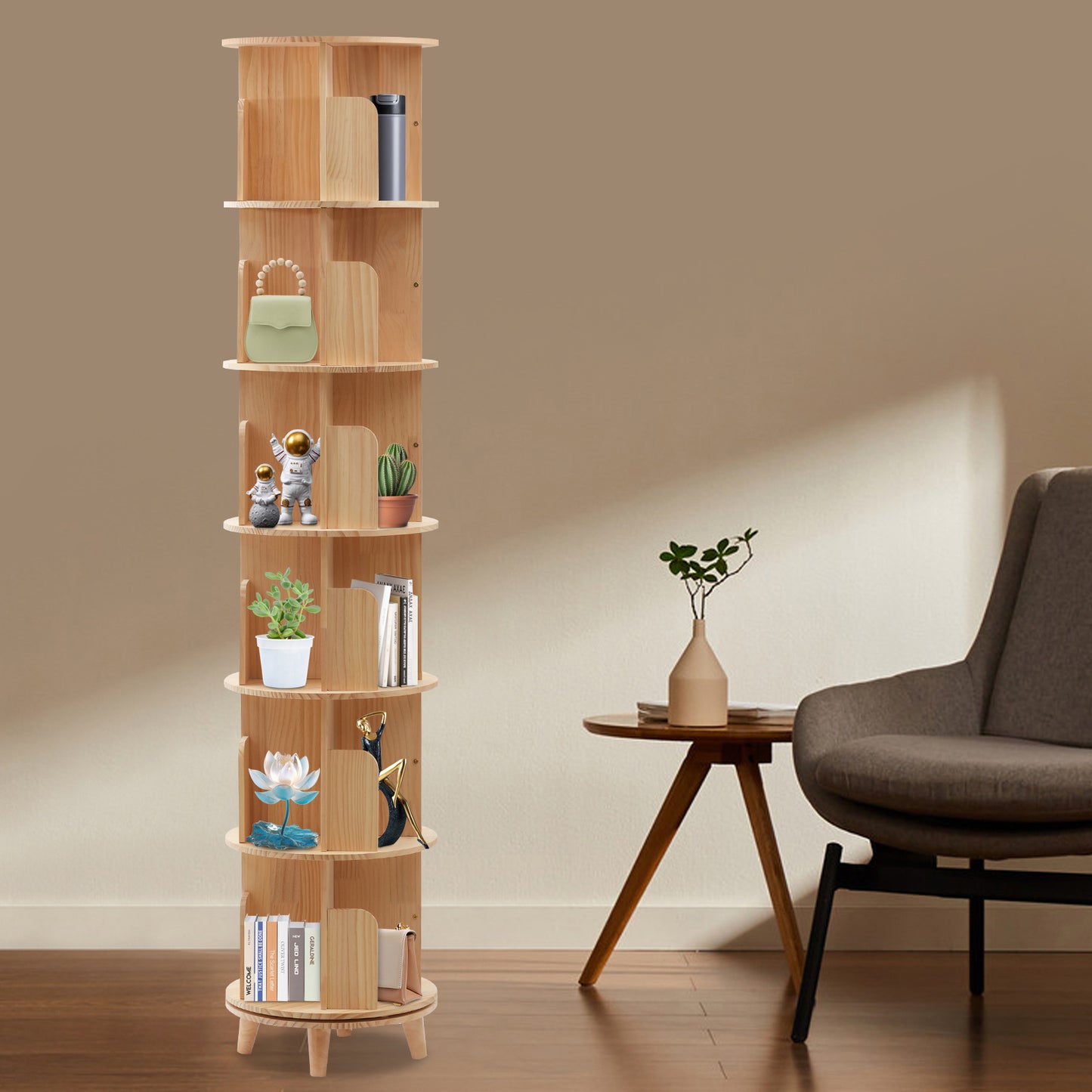 Boekenplank – Boekenrek – Boekenkast – Rotatieplank – Opbergmeubel – 6 Laags – 360° Draaibaar – Gemaakt Van Dennen- En Beukenhout – Compact Design 45 cm Diameter