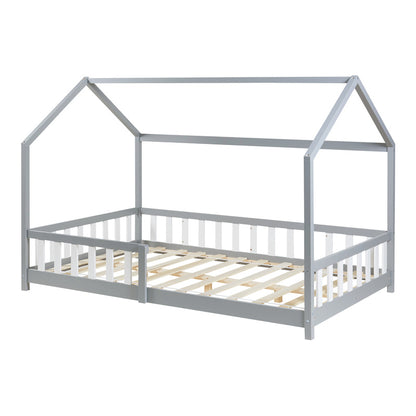 Kinderbed – Kinderbedden – Eenpersoonsbed – Hoogslaper – Stapelbed – Grijs – 90x200 cm – Massief Dennehout – Valbeveiliging