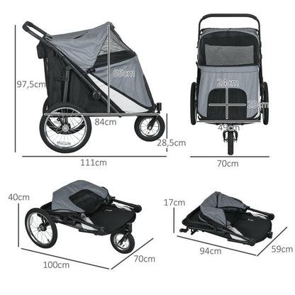 Dog Buggy, Foldable, Foldable, Reclining Cushion, Steel Frame, Grey/ Black Dog Buggy