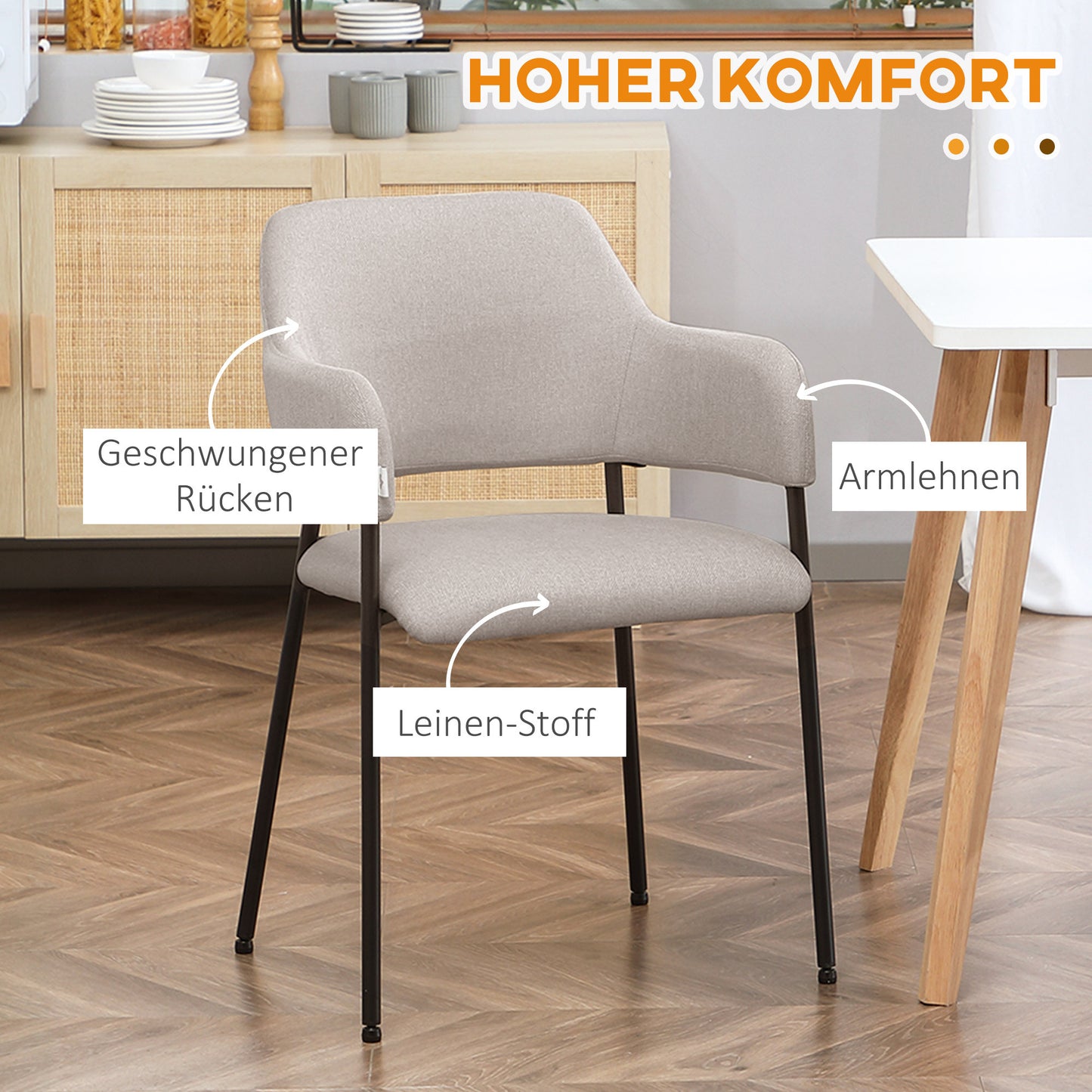 Eetkamerstoelen – Stoel – Kuipstoel – Keukenstoel – Zithoekstoel – Linnen Look Bekleding – Stalen Frame – Set Van 2 – Beige – Ergonomische Rugleuning – Antislip Voetdoppen
