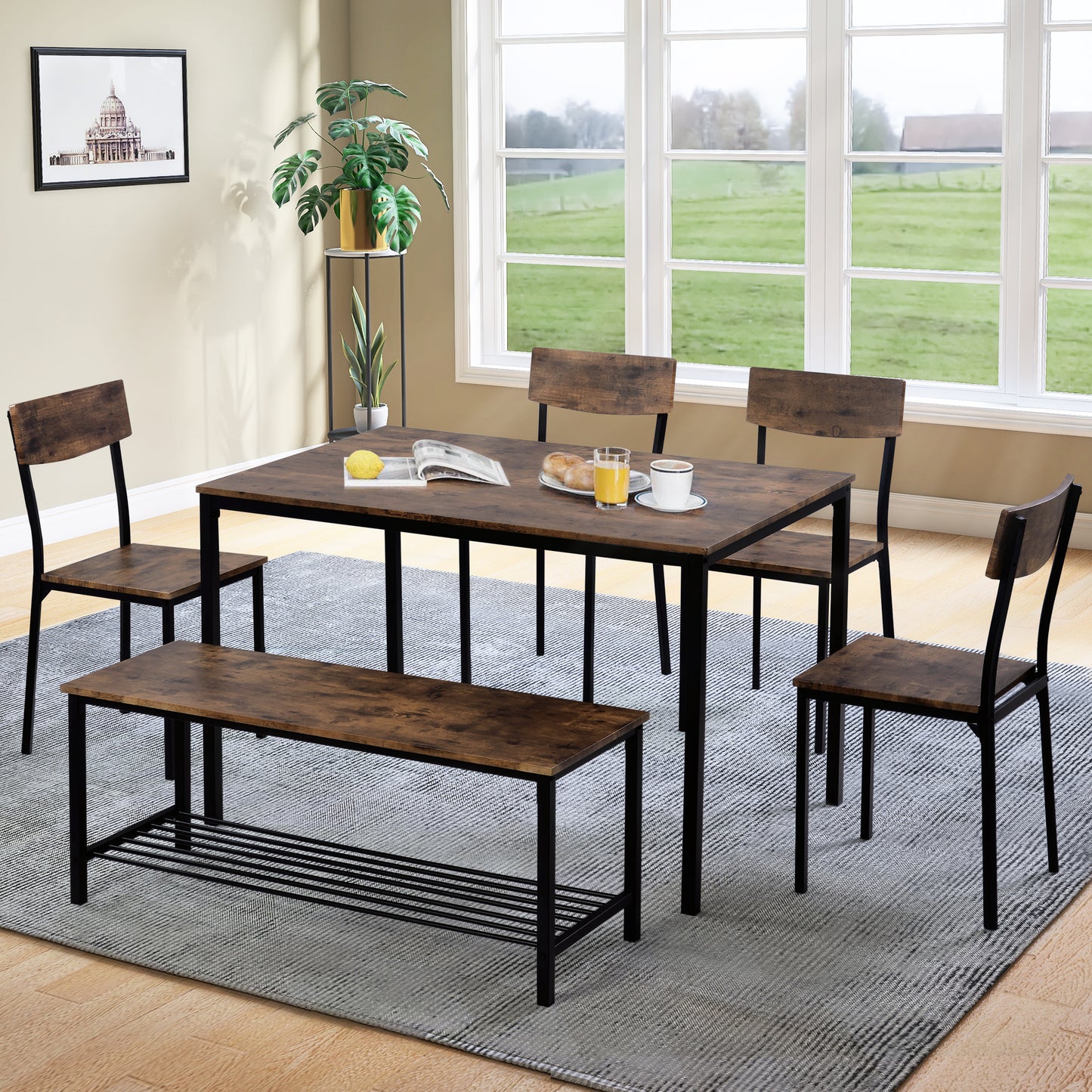 Eettafelset – 6-Delige Diningset – Stoelenset – Bank En Tafel – Houten Eettafel – Industrieel Design – Duurzaam MDF En Stalen Frame – Compact Met Opbergruimte