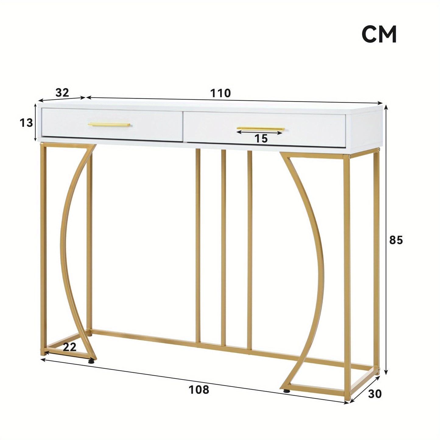 Sidetable – Consoletafel – Wandtafel – Haltafel – Bijzettafel – Modern – Met 2 Laden – Metaal Frame – Wit Met Gouden Poten – Compact 120x38x76 cm