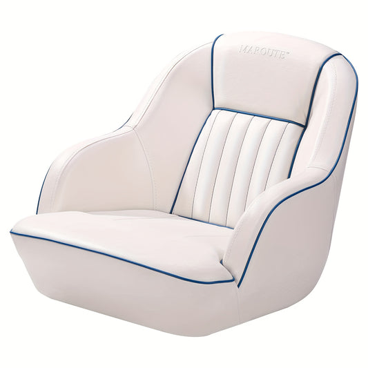 Heavy Duty Marine-Grade Boat Seat Captains Chair with Ergonomic Backrest & Cushioned Seat - White Fishing Boat Seat with Blue Accent, Durable Marine Bucket Seat for Long Hours of Comfort, Ideal for Boats, Yachts, Fishing Vess