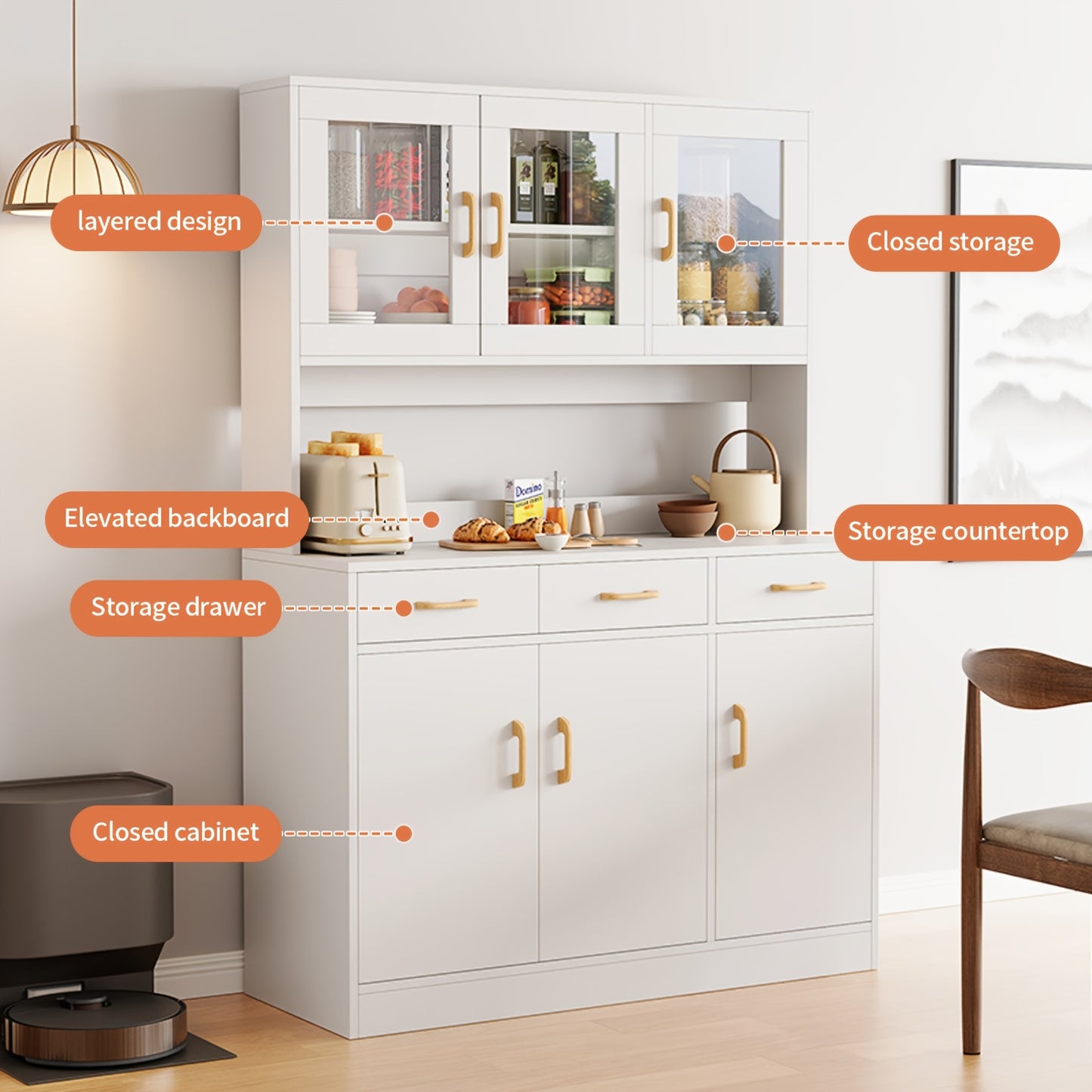 Keukenkast – Keukenbuffet – Opbergkast – Buffetkast – Kast – 6 Deuren – Verstelbare Planken – Wit MDF Met Gouden Handgrepen – Vrijstaand Met Werkblad