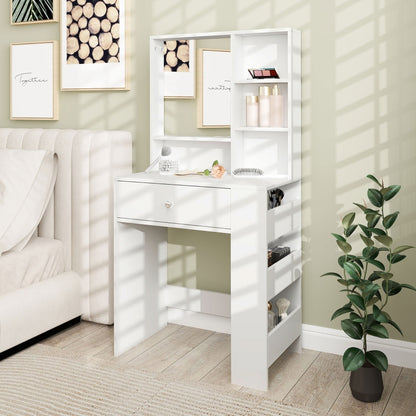 Make-up tafel – Kaptafel – Make-up bureau – Dressoir – Schoonheidstafel – Grote spiegel – Melamine spaanplaat – Compact formaat – Witte uitvoering